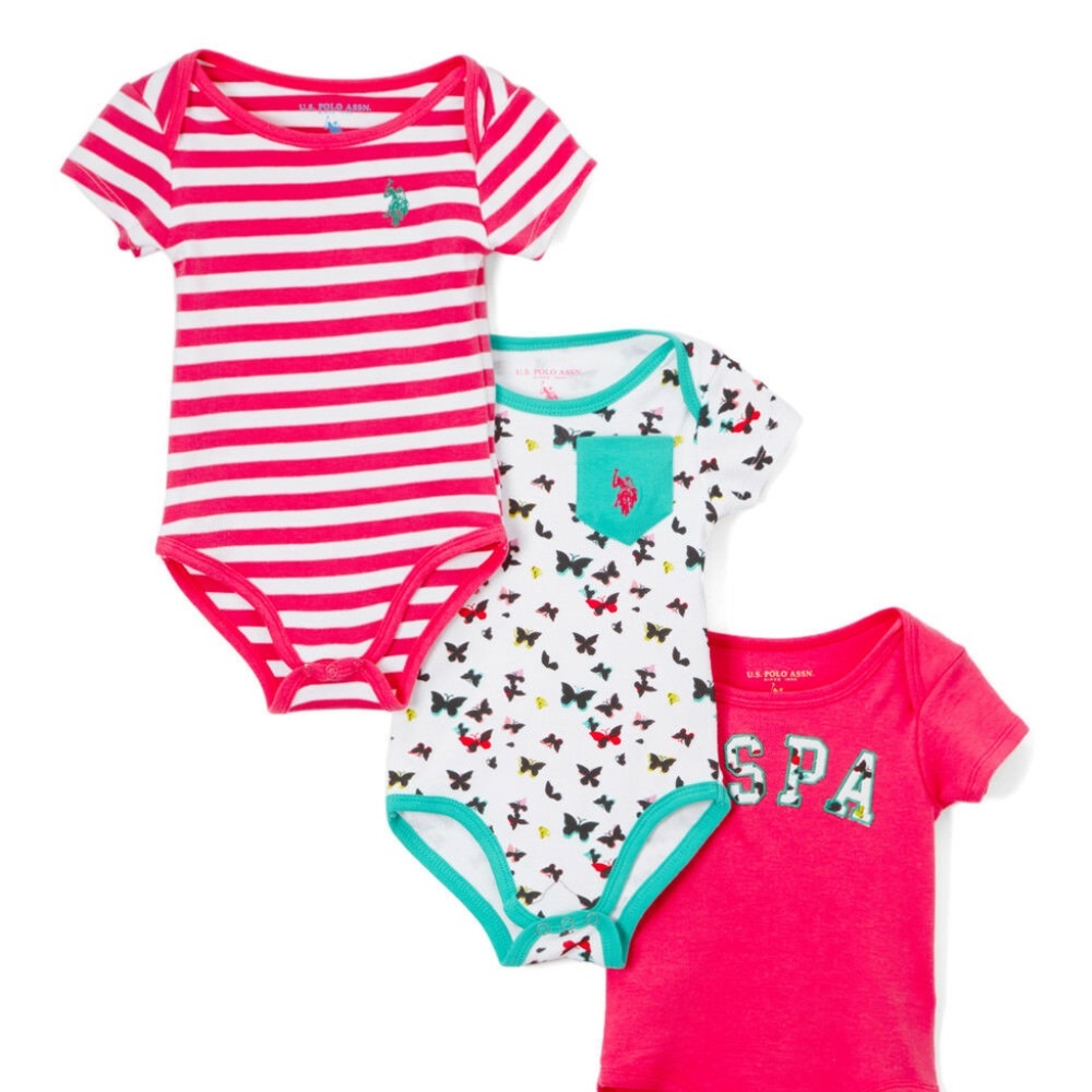New US Polo Assn Baby Girl 3 Piece Bodysuit 3-6M